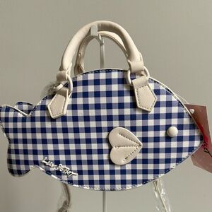 Betsey Johnson Blue Gingham Fish-Shaped Mini Bag with White Trim